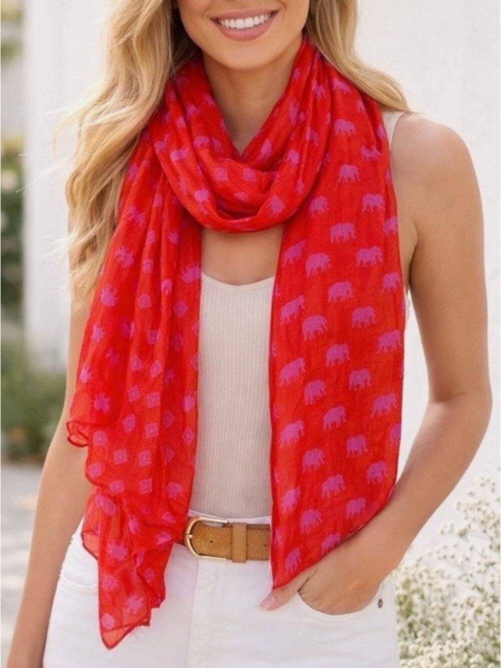 Stella & Dot Orange Wrap Scarf Pink Elephant Motif Lightweight Viscose (37x71)